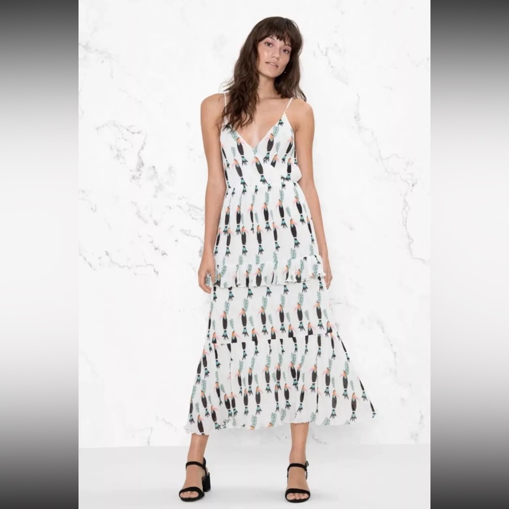 & Other‎ Stories White Toucan Tropical Frill Tiered Maxi Dress Womens